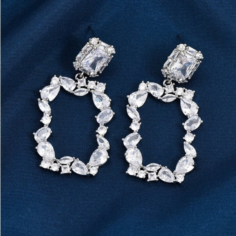 Glamefour Silver Tone Crystal Embellished Fashion Rectangle Drop Earrings